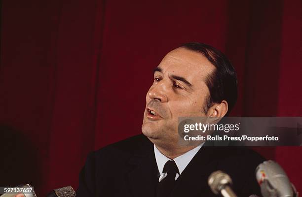 French socialist politician and leader of the Federation of the Democratic and Socialist Left, Francois Mitterrand pictured at a press conference to...