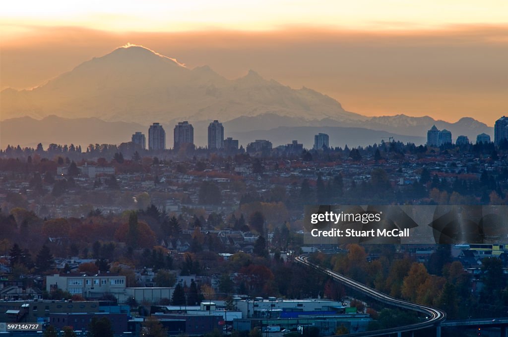 City of Burnaby and Mt Baker at dawn