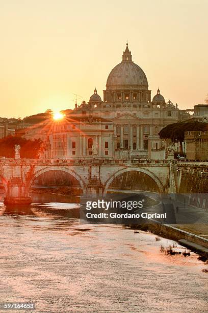 sunset view of basilica st. peter and river tiber - vaticaanstad staat stockfoto's en -beelden