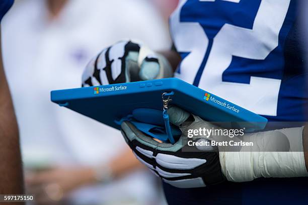 Members of the New York Giants go over game plans on a Microsoft Surface tablet during the game against the Buffalo Bills on August 20, 2016 at New...