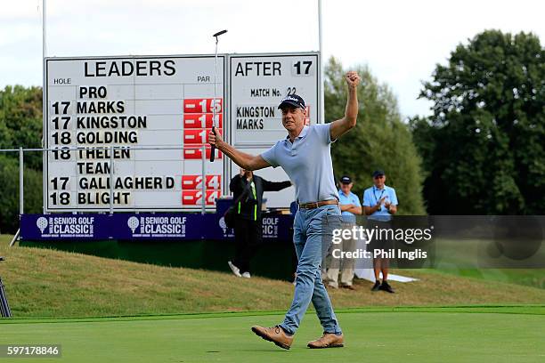 Gary Marks of England celebrates as he makes the winning putt on the 18th green during the Willow Senior Golf Classic played at Hanbury Manor...