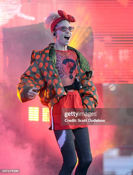 Singer Grimes performs onstage during FYF Festival at Los Angeles Sports Arena on August 27, 2016 in Los Angeles, California.