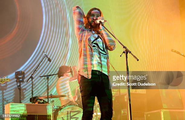 Singer Kevin Parker of Tame Impala performs onstage during FYF Festival at Los Angeles Sports Arena on August 27, 2016 in Los Angeles, California.