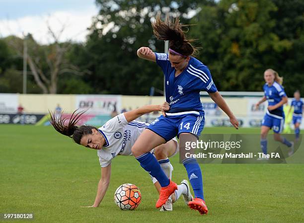 Melissa Lawley of Birmingham City Ladies is tackled by Claire Rafferty of Chelsea Ladies FC during the FA WSL 1 match between Birmingham City Ladies...