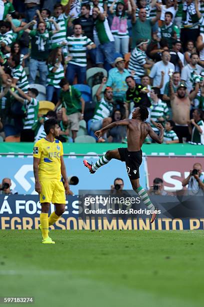 Sporting CP's forward Gelson Martins from Portugal celebrates scores Sporting's second goal during the Portuguese Primeira Liga between Sporting CP...
