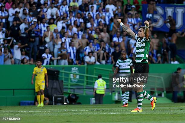Sporting's Argentinian defender Jonathan Silva celebrating after a goal with Sporting's Algerian forward Islam Slimani during Premier League 2016/17...