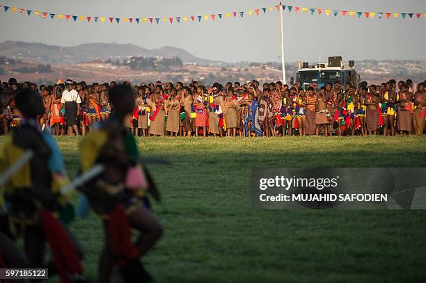 Maidens sing and dance during the annual royal Reed Dance at the Ludzidzini Royal palace on August 28, 2016 in Lobamba, Swaziland. Umhlanga, or Reed...