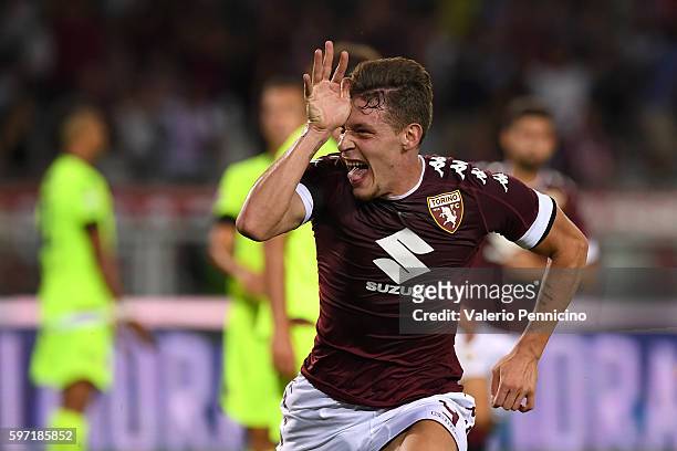 Andrea Belotti of FC Torino celebrates his second goal during the Serie A match between FC Torino and Bologna FC at Stadio Olimpico di Torino on...