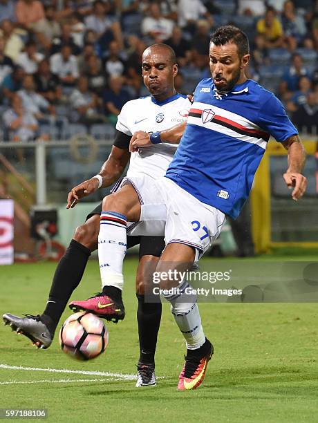 Fabio Quagliarella of UC Sampdoria battles for the ball with Abdoulay Konko of Atalanta BC during the Serie A match between UC Sampdoria and Atalanta...