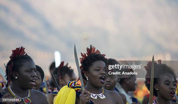 People perform shows during a traditional ceremony, Umhlanga Festival at Ludzidzini Royal Village in Lobamba, Swaziland on August 28, 2016. Umhlanga,...
