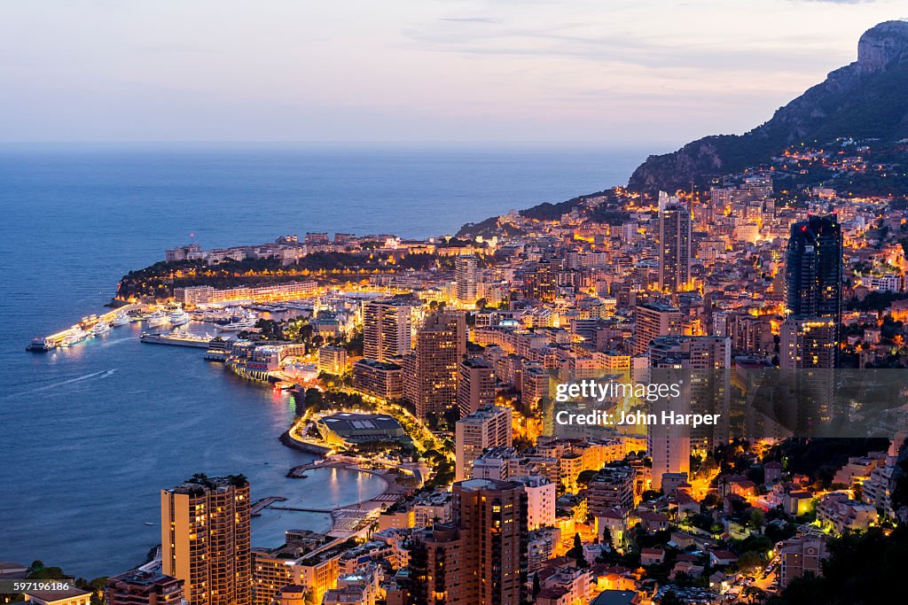 Monaco harbour at twilight.