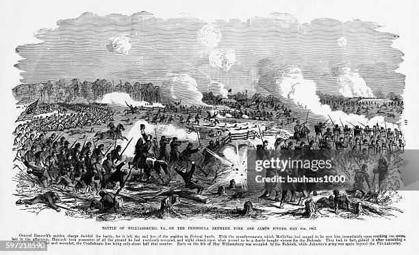 stockillustraties, clipart, cartoons en iconen met battle of williamsburg, virginia, 1862 civil war engraving - virginia amerikaanse staat