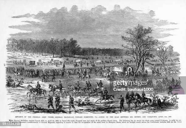 stockillustraties, clipart, cartoons en iconen met advance of general mcclellan, yorktown, virginia, 1862 civil war engraving - yorktown