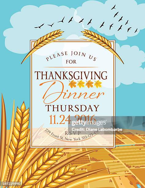 stockillustraties, clipart, cartoons en iconen met fall farm scene with thanksgiving dinner invitation template - ganzenvlees