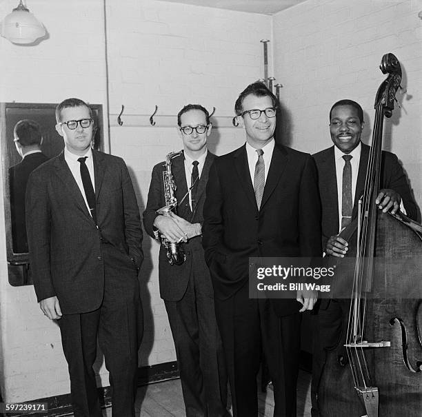 The Dave Brubeck Quartet, circa 1960. From left to right, drummer Joe Morello, saxophonist Paul Desmond, pianist Dave Brubeck and double bassist...
