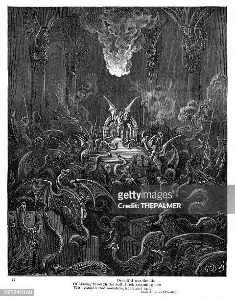 ilustraciones, imágenes clip art, dibujos animados e iconos de stock de terrible fue el estruendo de sisear a través de la sala 1885 - hell
