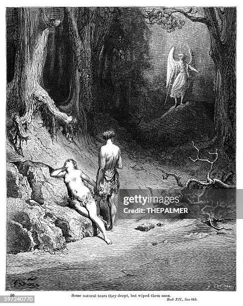 adam and eve paradise 1885 - fallen angel stock illustrations