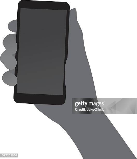 ilustraciones, imágenes clip art, dibujos animados e iconos de stock de mano sosteniendo teléfono inteligente silueta - aferrarse