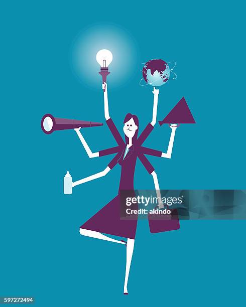 businesswoman multitasking with multiple arms - sales effort stock illustrations