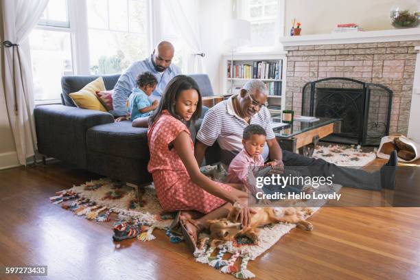 african american family relaxing in living room - multi generational family with pet stock pictures, royalty-free photos & images