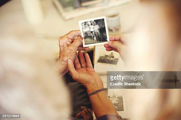 women looking at family photographs - erinnerung stock-fotos und bilder