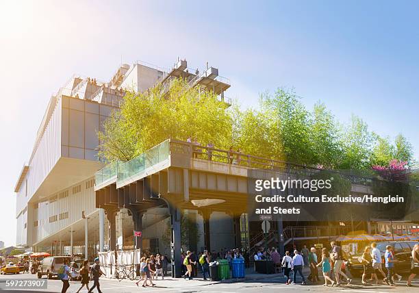 Low angle view of high line park and Whitney museum of American art, New York City, New York, USA