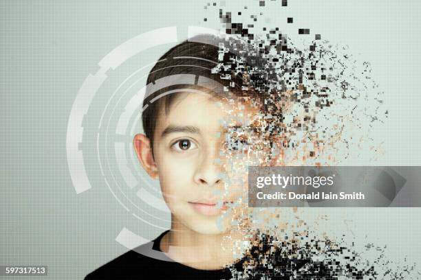 pixelated mixed race boy looking at camera - pixelated face stock-fotos und bilder