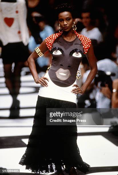 Model on the runway at the Moschino Spring 1989 fashion show circa 1988 in Paris, France.