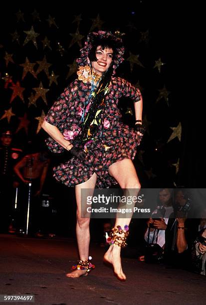 Model on the runway at the Betsey Johnson Spring 1989 fashion show circa 1988 in New York City.