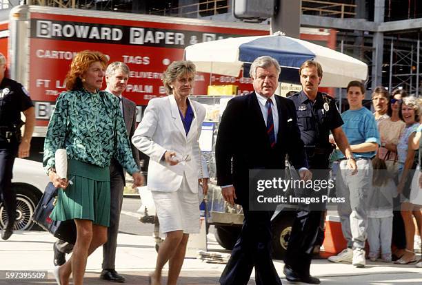 Pat Kennedy Lawford, Eunice Kennedy Shriver and Ted Kennedy attend the William Kennedy Smith Rape Trial circa 1991 in West Palm Beach, Florida.