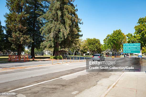 Entryway with signage at National Aeronautics and Space Administration Ames Research Center/Moffett Field in the Silicon Valley town of Mountain...