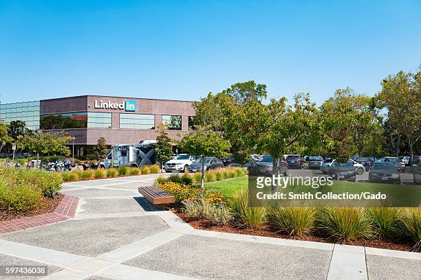 View of main building at the headquarters of professional social networking company LinkedIn, in the Silicon Valley town of Mountain View, California...