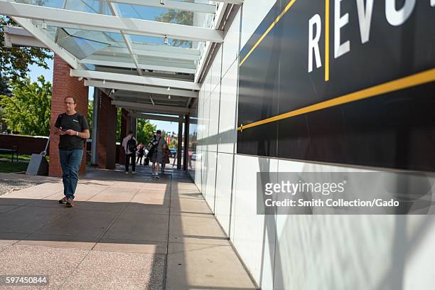 Visitors walking down the entryway to the main building at the Computer History Museum in the Silicon Valley town of Mountain View, California,...