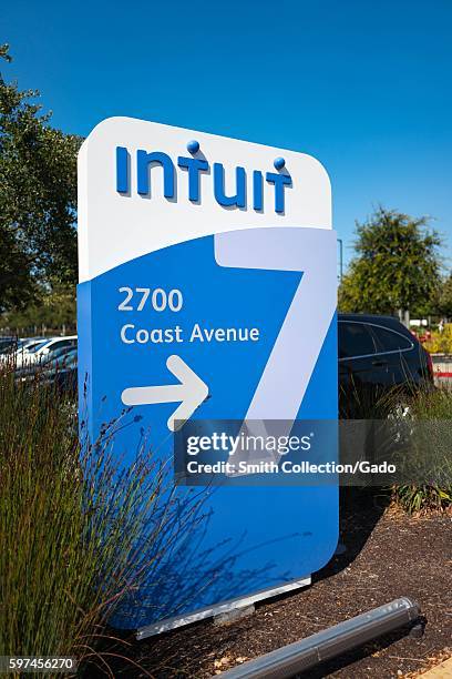 Signage for financial software company Intuit at the company's headquarters in the Silicon Valley town of Mountain View, California, August 24, 2016....