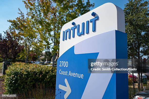 Signage for financial software company Intuit at the company's headquarters in the Silicon Valley town of Mountain View, California, August 24, 2016....