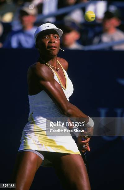 Venus Williams of the United States hitting the ball during the US Open match against Lisa Raymond of the United States at the USTA National Tennis...