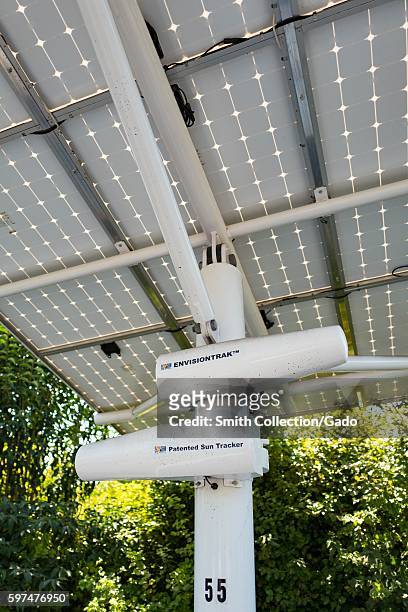 EnvisionTrak solar panel sun tracker from Envision Solar, installed on a solar array at the Googleplex, headquarters of the search engine company...