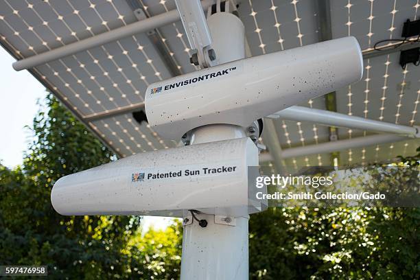 Close up of EnvisionTrak solar panel sun tracker from Envision Solar, installed on a solar array at the Googleplex, headquarters of the search engine...