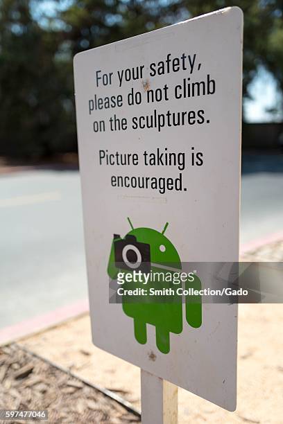At the Googleplex, headquarters of the search engine company Google in the Silicon Valley town of Mountain View, California, a sign encourages...