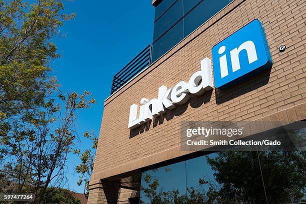 Close up of signage with logo at the headquarters of professional social networking company LinkedIn, in the Silicon Valley town of Mountain View,...