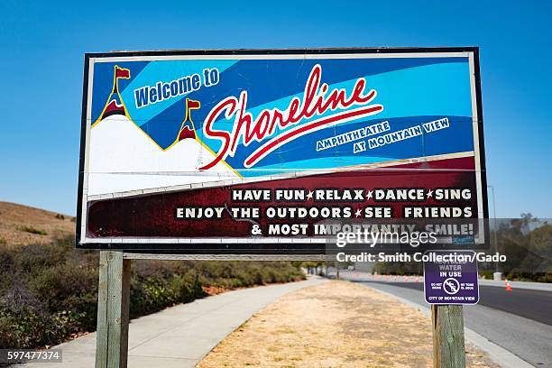 Straight-on view of welcome signage for the Shoreline Amphitheatre, a popular concert venue in the Silicon Valley town of Mountain View, California,...