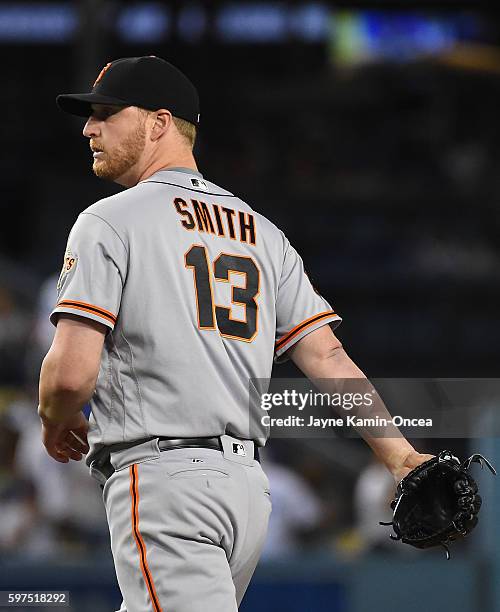 Will Smith of the San Francisco Giants during the game against the Los Angeles Dodgers at Dodger Stadium on August 24, 2016 in Los Angeles,...