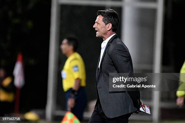 Diego Cocca coach of Millonarios gestures during a match between Independiente Santa Fe and Millonarios as part of round 10 of Liga Aguila 2016 at...