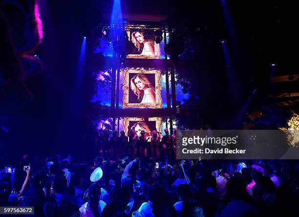Playboy Playmate Kayla Rae Reid appears onstage during the Playboy Midsummer Night's Dream party at the Marquee Nightclub at The Cosmopolitan of Las...