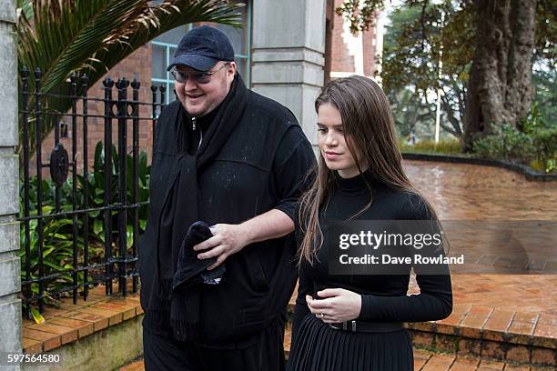 Kim Dotcom accompanied by his girlfriend Elizabeth-Donnelly appears in New Zealand's High Court on August 29, 2016 in Auckland, New Zealand. Dotcom...