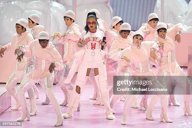 Rihanna performs onstage during the 2016 MTV Video Music Awards at Madison Square Garden on August 28, 2016 in New York City.