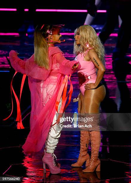 Ariana Grande and Nicki Minaj perform onstage during the 2016 MTV Video Music Awards at Madison Square Garden on August 28, 2016 in New York City.