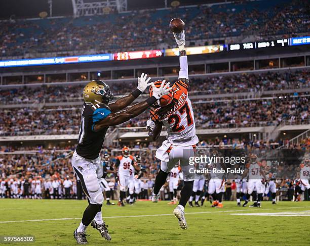 Dre Kirkpatrick of the Cincinnati Bengals breaks up a pass intended for Marqise Lee of the Jacksonville Jaguars in the end zone during the first half...