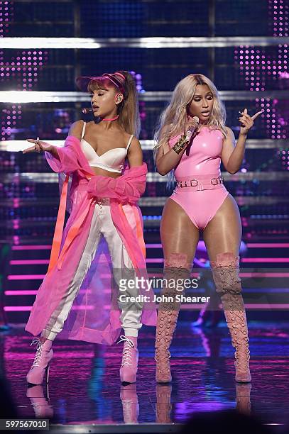 Ariana Grande and Nicki Minaj perform on stage during the 2016 MTV Music Video Awards at Madison Square Gareden on August 28, 2016 in New York City.