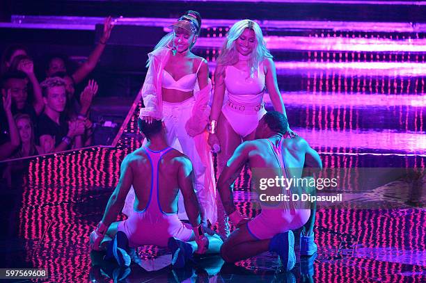 Ariana Grande and Nicki Minaj perform onstage during the 2016 MTV Video Music Awards at Madison Square Garden on August 28, 2016 in New York City.